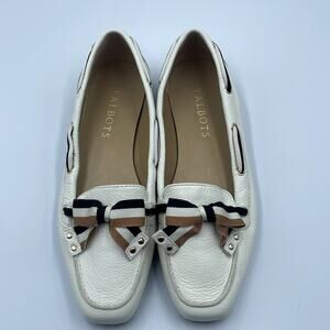 Talbots White Leather Loafers Moccasin Black & Brown Bow Studs 6 Old Money